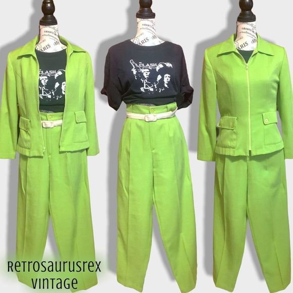 Vintage Jackets & Blazers - VINTAGE 90’s Retro Lemon Lime Jacket & Pantsuit Power Suit, Small